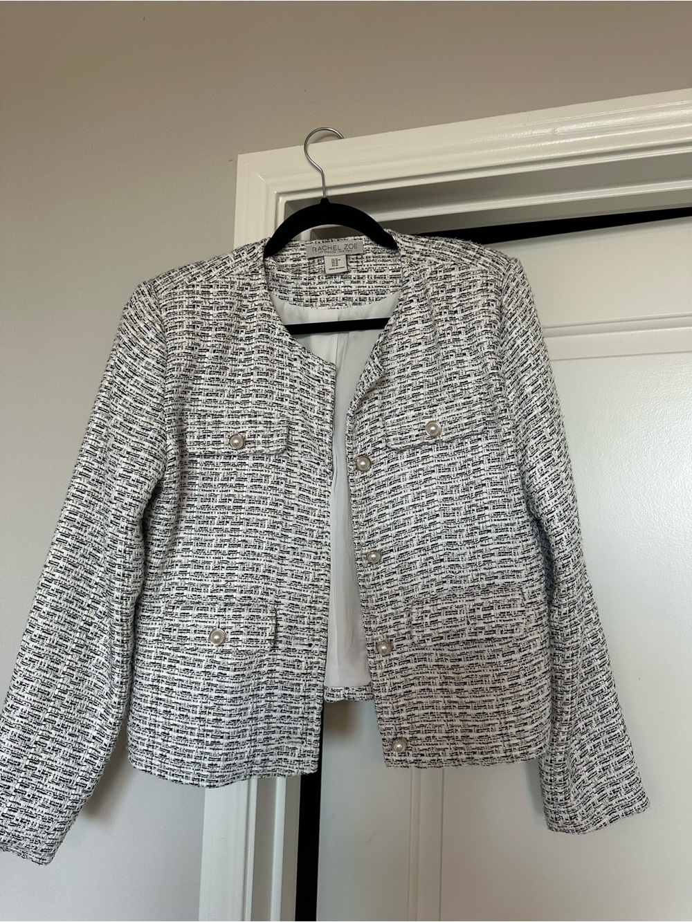 Rachel Zoe Black and White Tweed Collarless Blazer